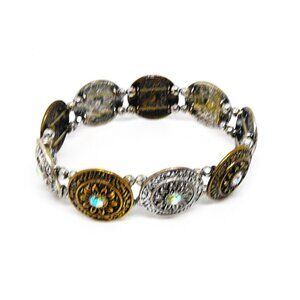 Vintage Boho Silver & Gold Coin Bracelet With Crystal Accents Stretch